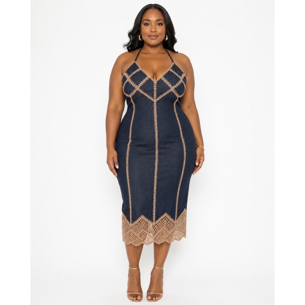 Boho Crochet Ashley Stewart Denim Halter Dress Midi Blue Vintage